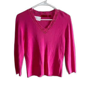 Venini Women’s Pink Slinky Knit Blouse PM Crochet 3/4 Sleeve Barbiecore